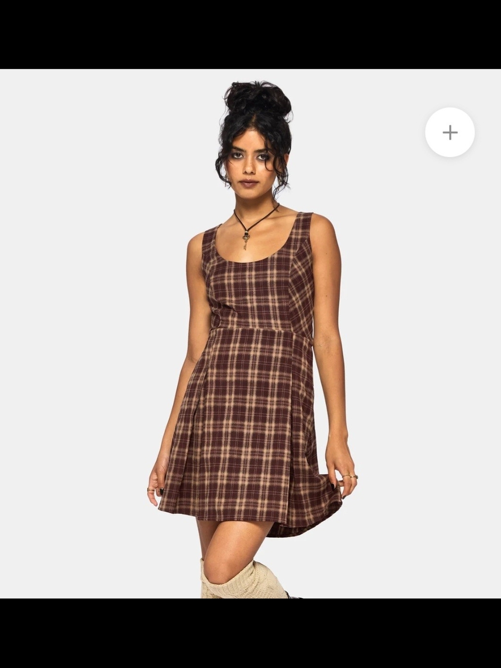 Disturbia Plaid Scoop-Neck Mini Dress in Brown